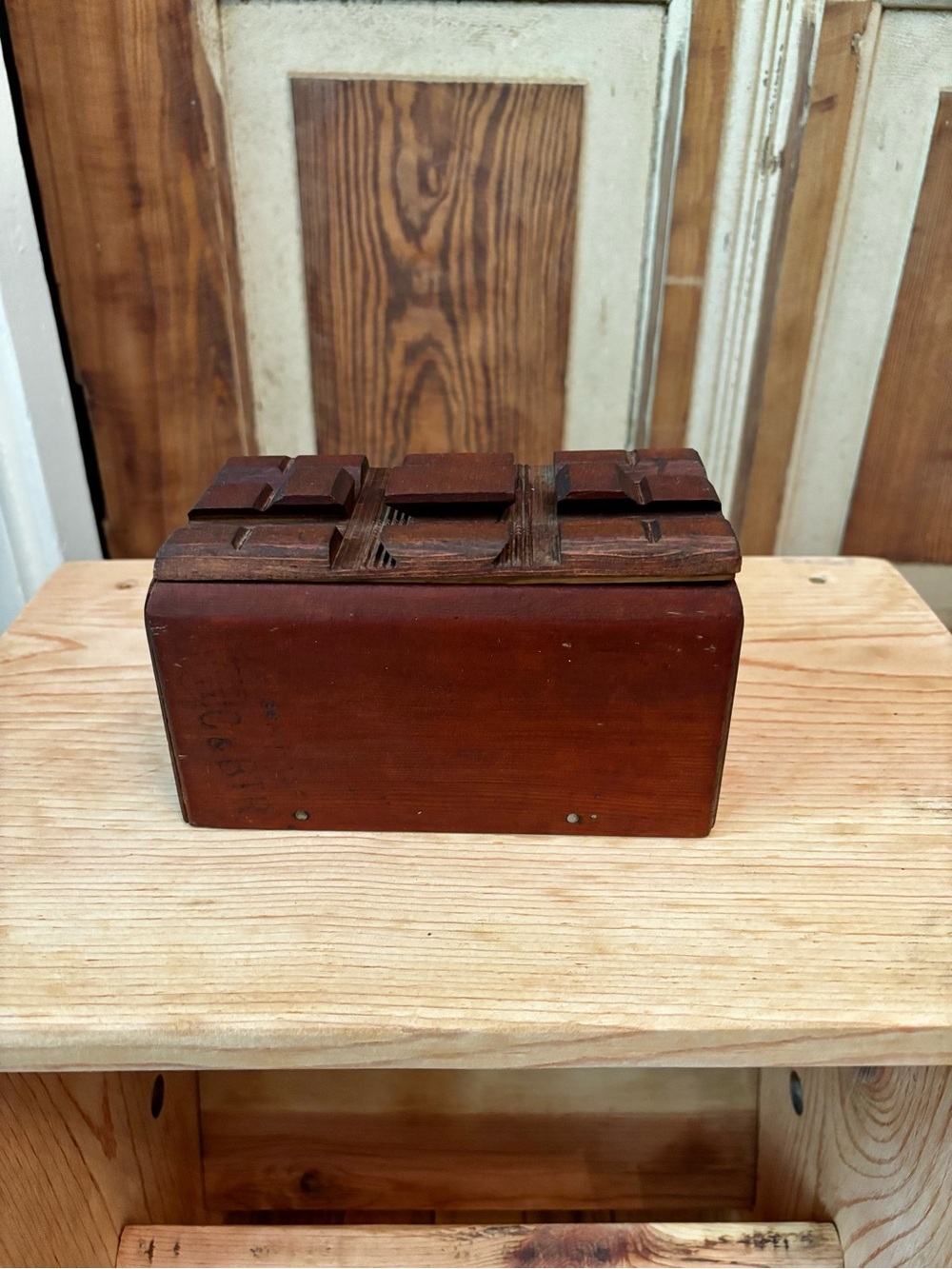 Handcrafted Wooden Box in Warm Brown with Hand Carved Lid